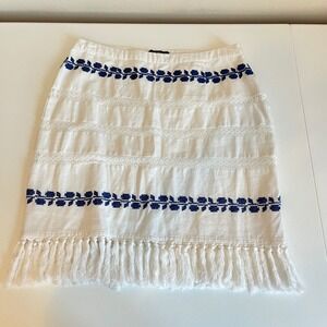 For‎ Cynthia Embroidered Linen Cotton Mini Skirt Fringe Hem Boho White Blue Sz L